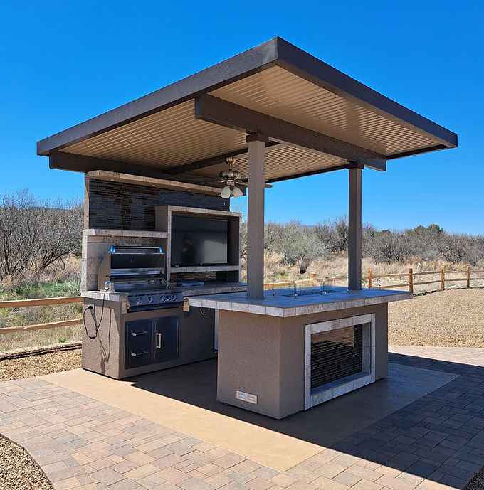 KoKoMo Baja Outdoor Kitchen with 12×12 Patio Cover — Complete Modular BBQ Island with Grill, Fridge & Bar Seating