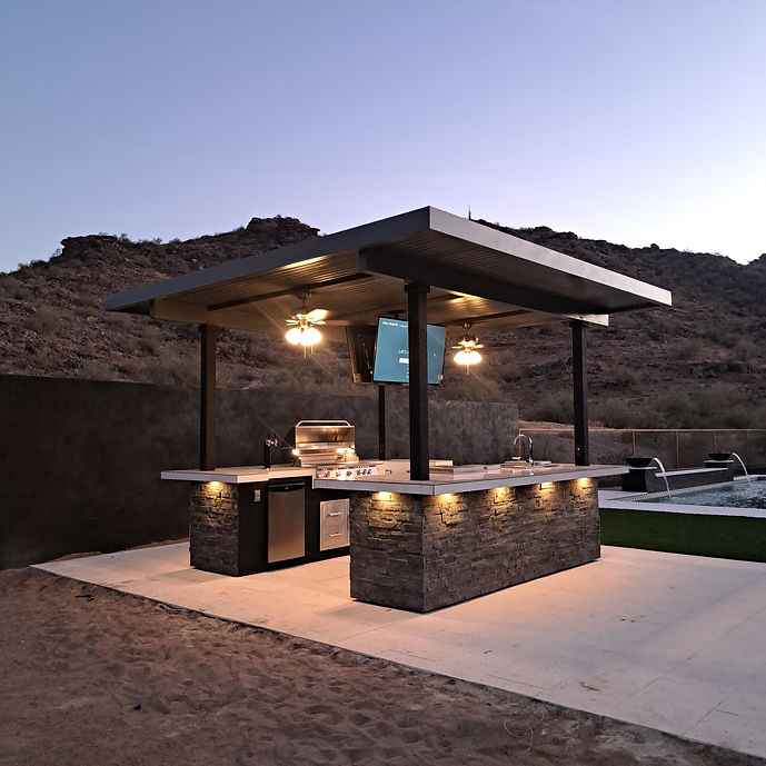 KoKoMo Outdoor Kitchen BBQ Island with Dual TVs — Ultimate Backyard Sports Bar Experience