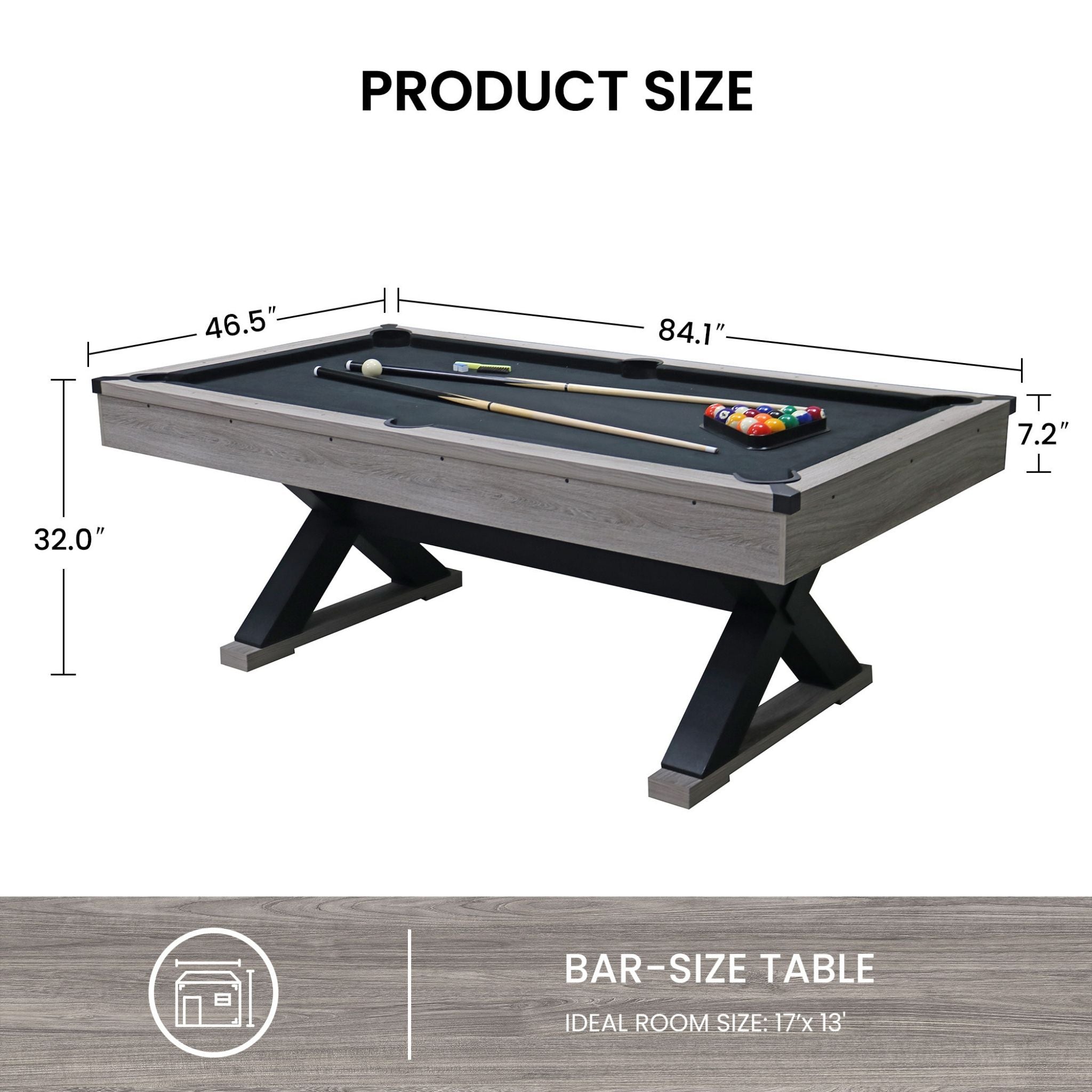 Rustic 7 Ft Billiard Table with Gray Distressed Finish, X-Leg Design, Cue Set & Billiard Ball