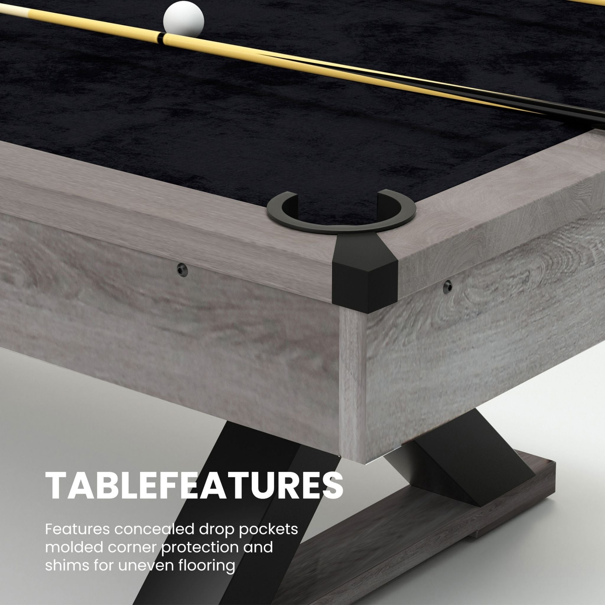 Rustic 7 Ft Billiard Table with Gray Distressed Finish, X-Leg Design, Cue Set & Billiard Ball