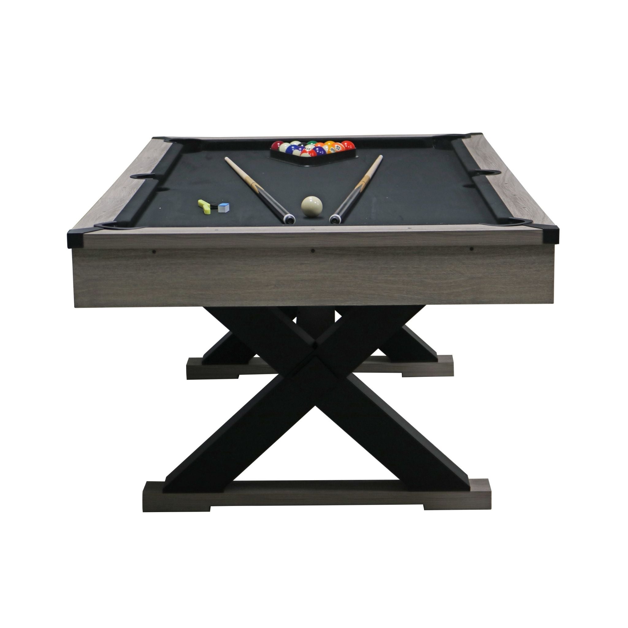 Rustic 7 Ft Billiard Table with Gray Distressed Finish, X-Leg Design, Cue Set & Billiard Ball