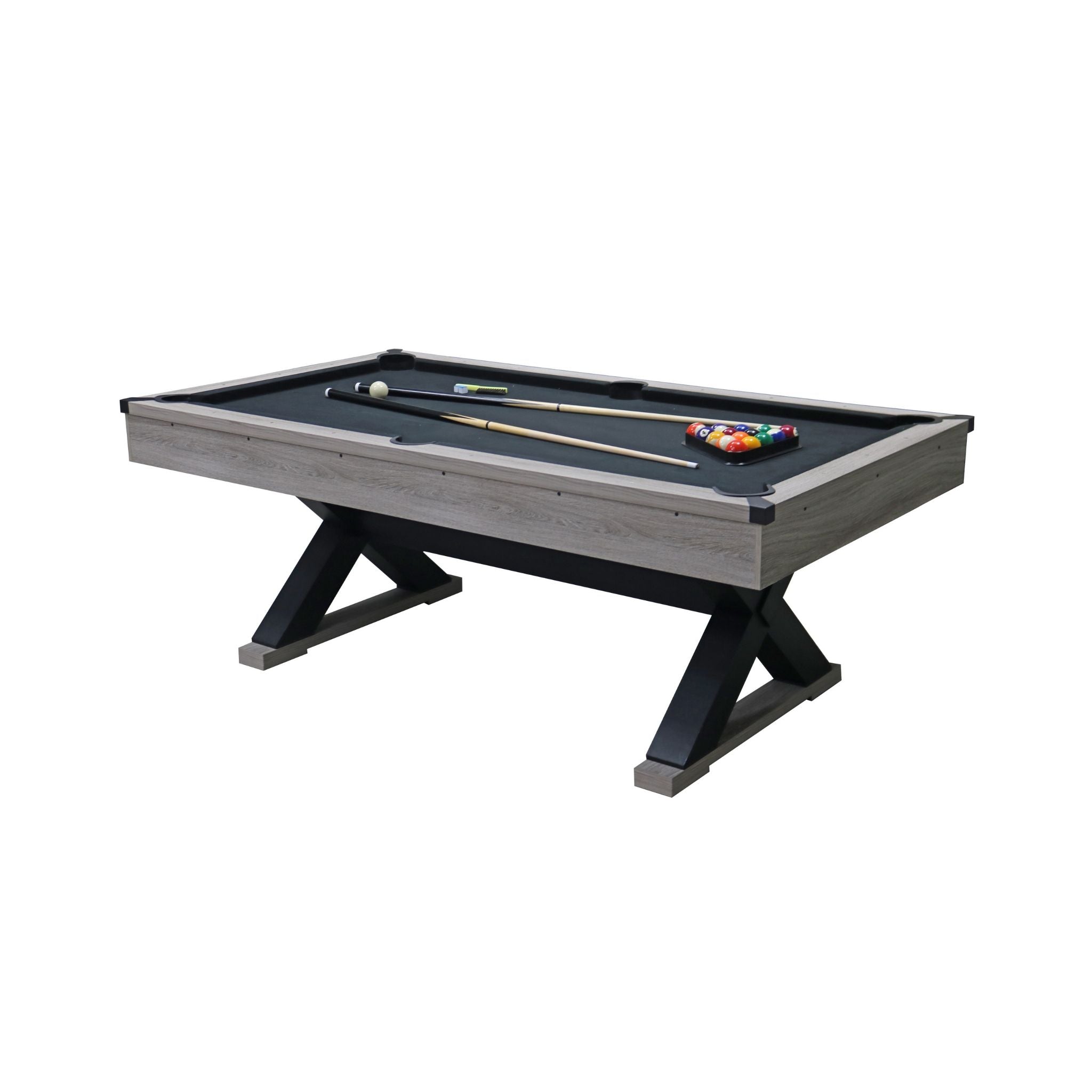 Rustic 7 Ft Billiard Table with Gray Distressed Finish, X-Leg Design, Cue Set & Billiard Ball