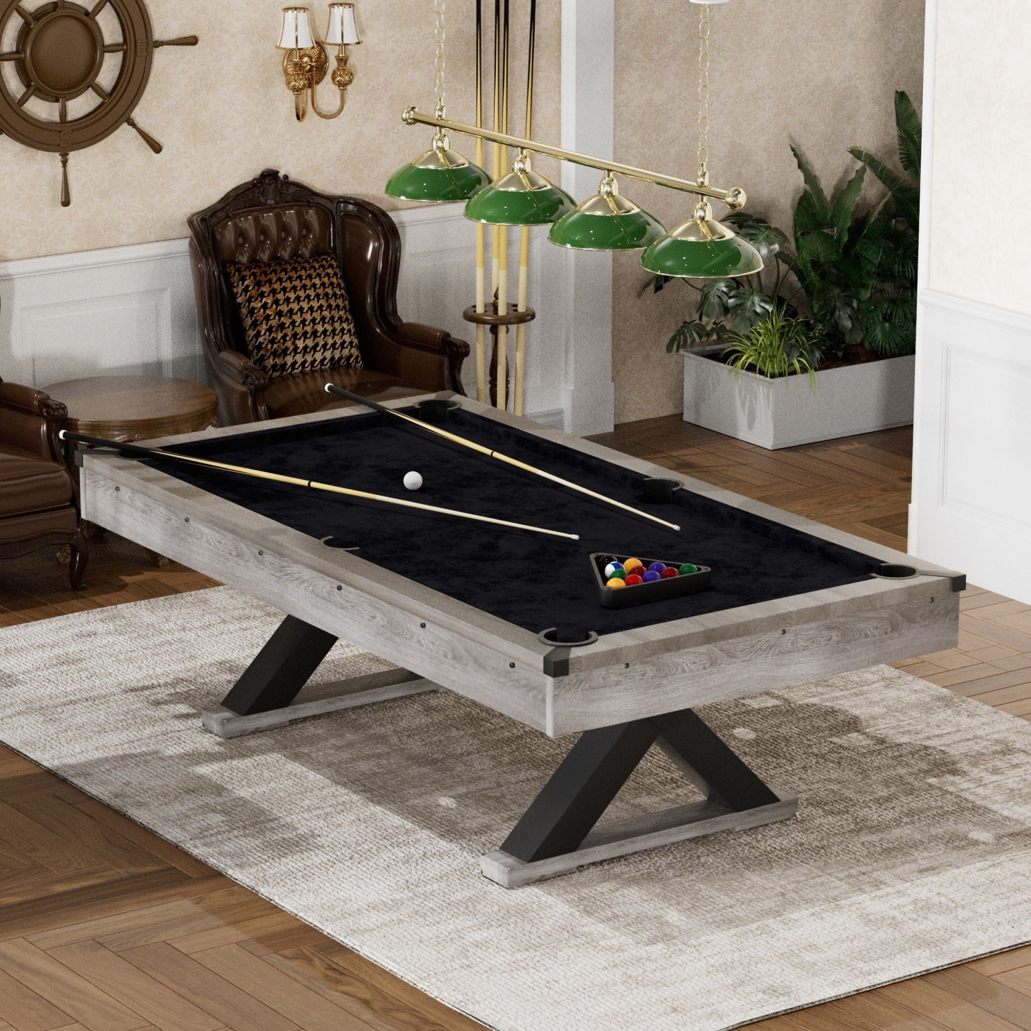 Rustic 7 Ft Billiard Table with Gray Distressed Finish, X-Leg Design, Cue Set & Billiard Ball
