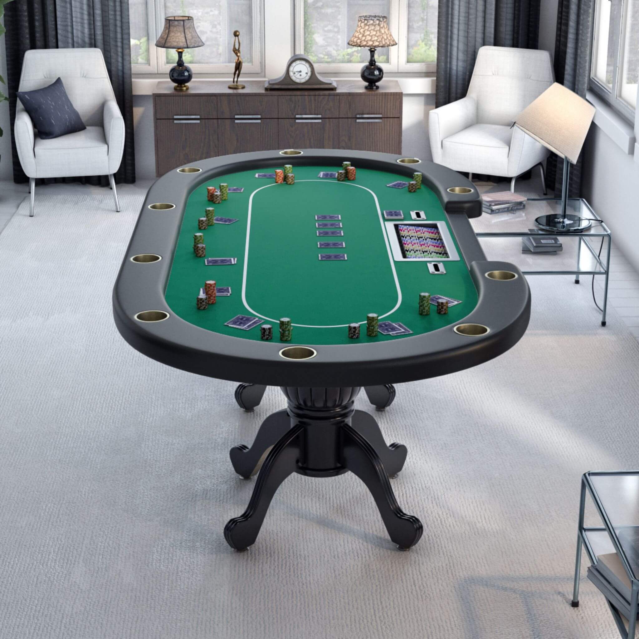Premium 96-Inch Aura Oval Poker Table with Cup Holders, Chip Tray & Drop Box — Seats 10